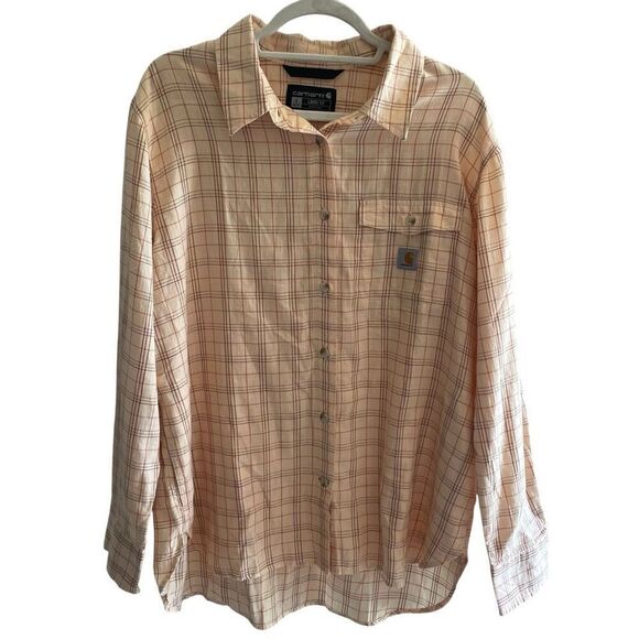 Carhartt Women’s Plaid Button Up Tunic Top Sz Large 12 14 Loose Fit Pockets - Picture 1 of 5
